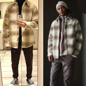 Kith Sheridan Shirt Jacket Brushed Plaid Canvas Tan Cream Sherpa Size M